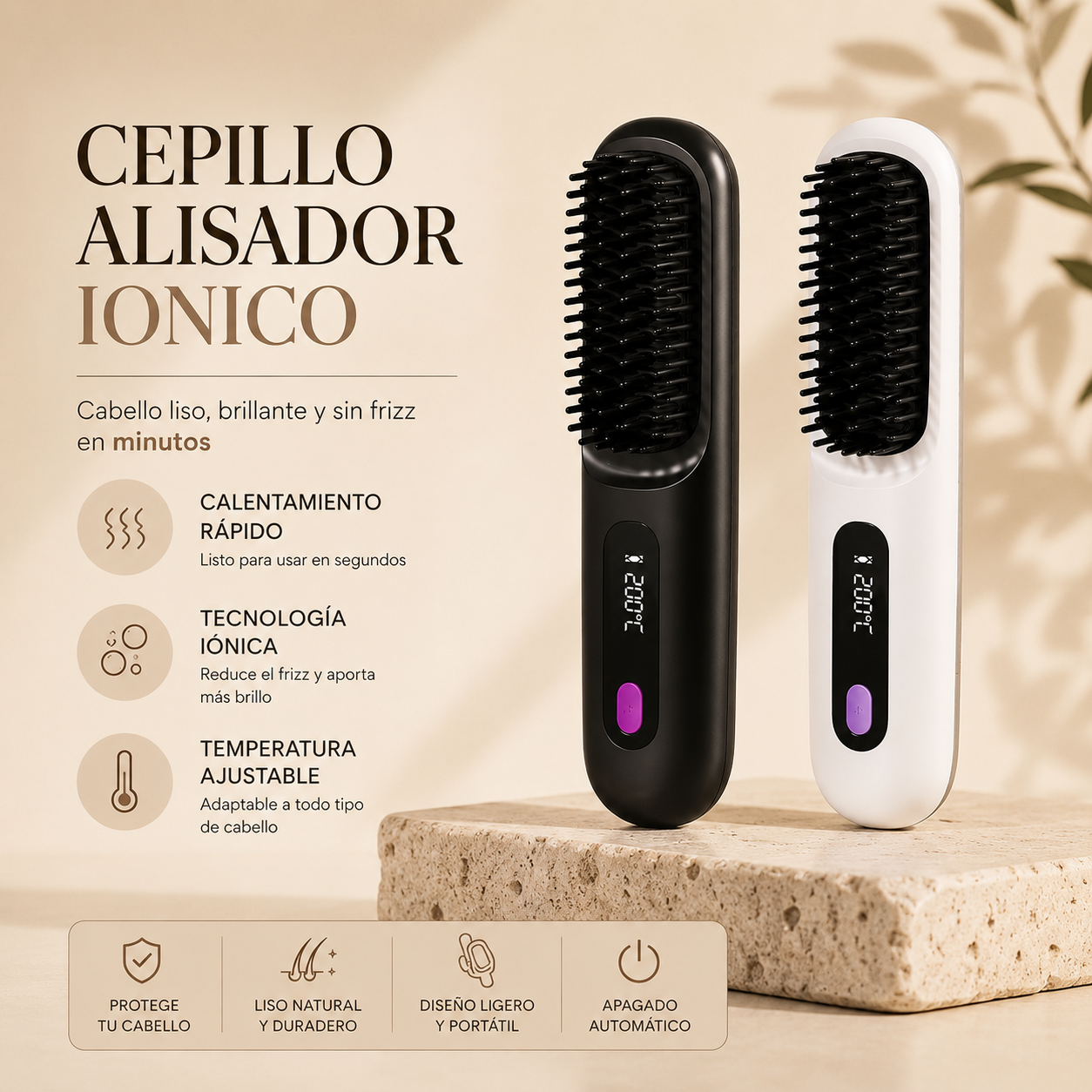 Cepillo Alisador Iónico Inalámbrico con Pantalla LCD